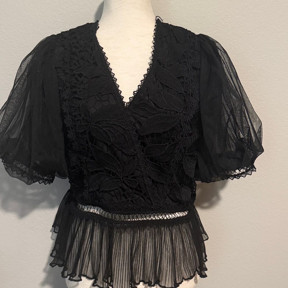 Haute Monde Black Lace Puff Sleeve Blouse